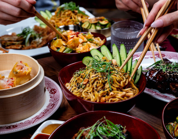 Table set with food and drinks