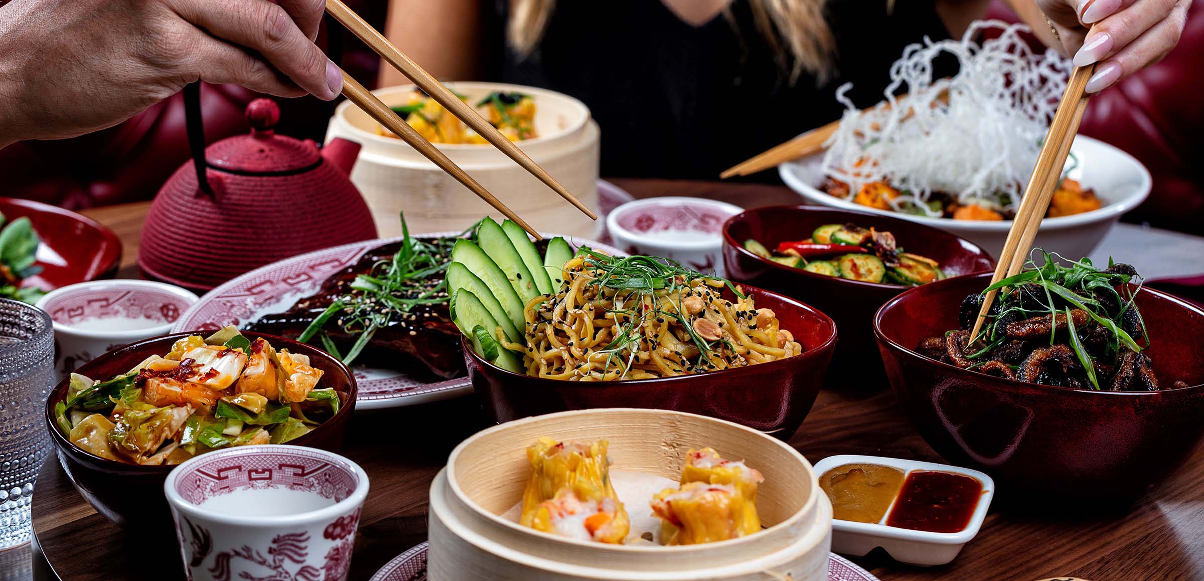 table set with variety of food